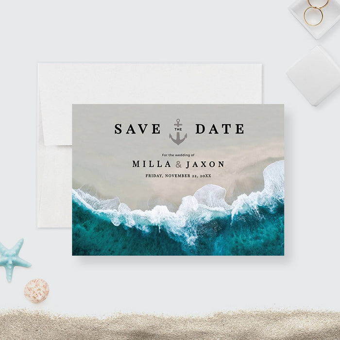 Sea Save the Date Card Beach Summer Nautical Themed Editable Template, Digital Download Tropical Paradise Destination Wedding Printable