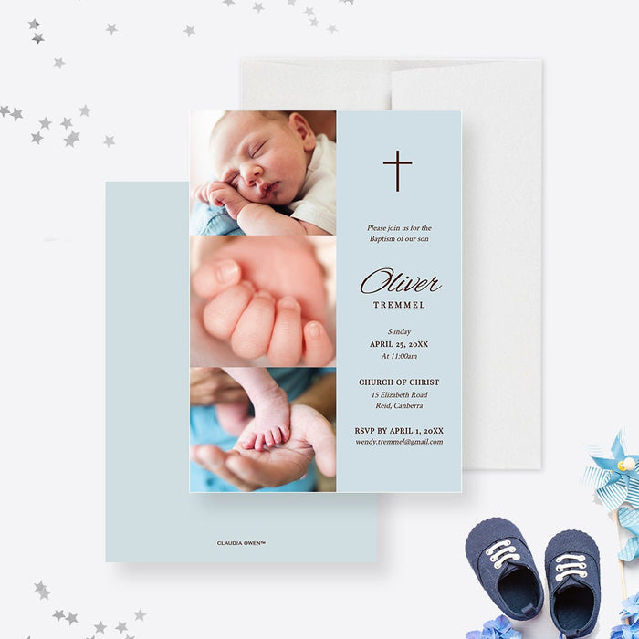 Boy Baptism Invitation Template Digital Download, Blue Baptism Photo Card Printable Invitation, Religious Catholic Invite