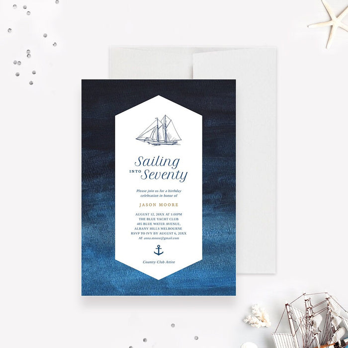Sailing into Seventy Birthday Party Invitation Editable Template, 40th 50th 60th 70th 80th Digital Download Nautical Sail Boat Sea Ocean