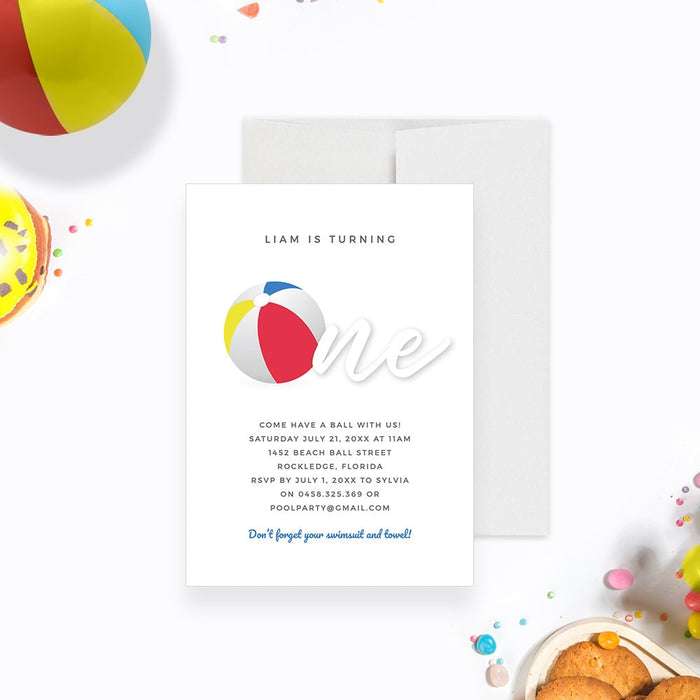 First Birthday Pool Party Invitation Template, Beach Ball 1st Birthday, Turning One Summer Party Printable Digital Download