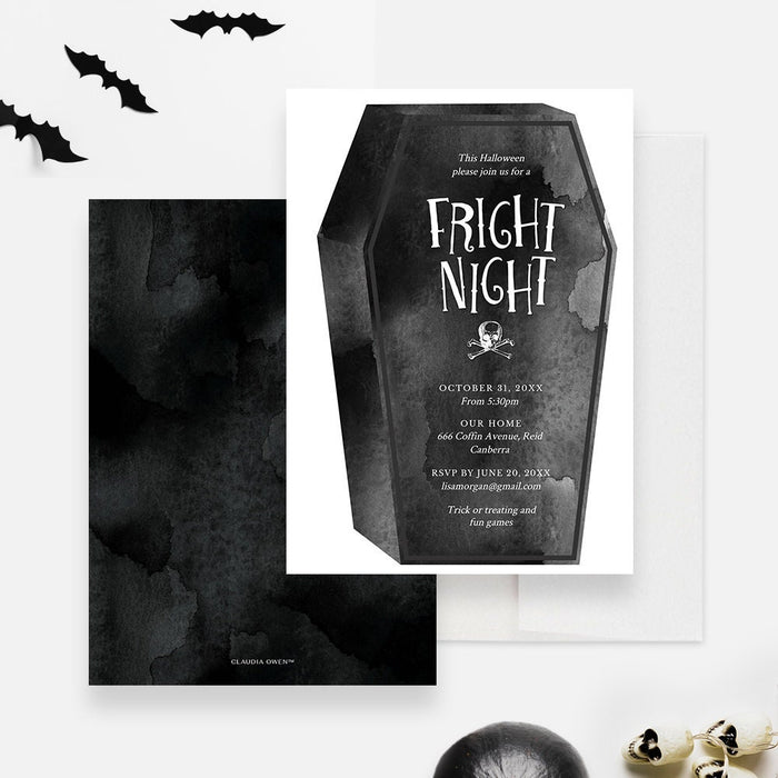 Fright Night Halloween Party Invitation Template with Coffin Illustration, Halloween October Birthday Party Invite Digital Download