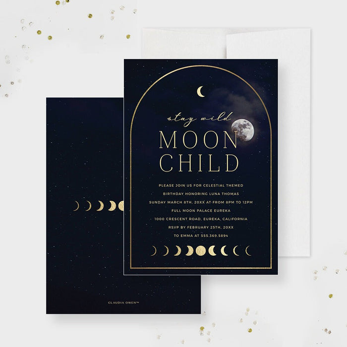 Stay Wild Moon Child Birthday Party Invitation Template, Celestial Baby Shower Invites Digital Download with Moon Phases