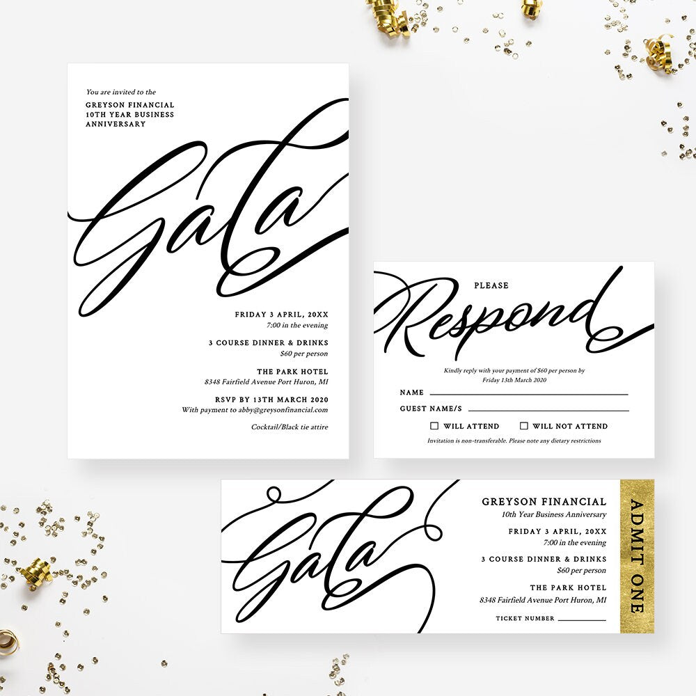 Gala Invitation Template with Matching RSVP and Ticket, Professional B
