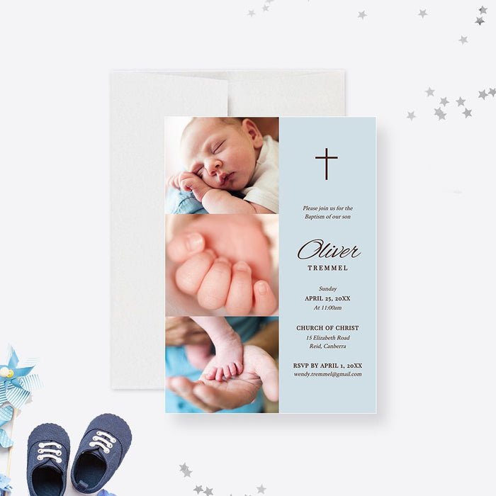 Boy Baptism Invitation Template Digital Download, Blue Baptism Photo Card Printable Invitation, Religious Catholic Invite