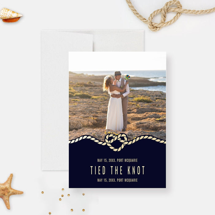 Nautical Wedding Photo Announcement Card Editable Template, Tied the Knot Digital Instant Download, Just Married Announcement