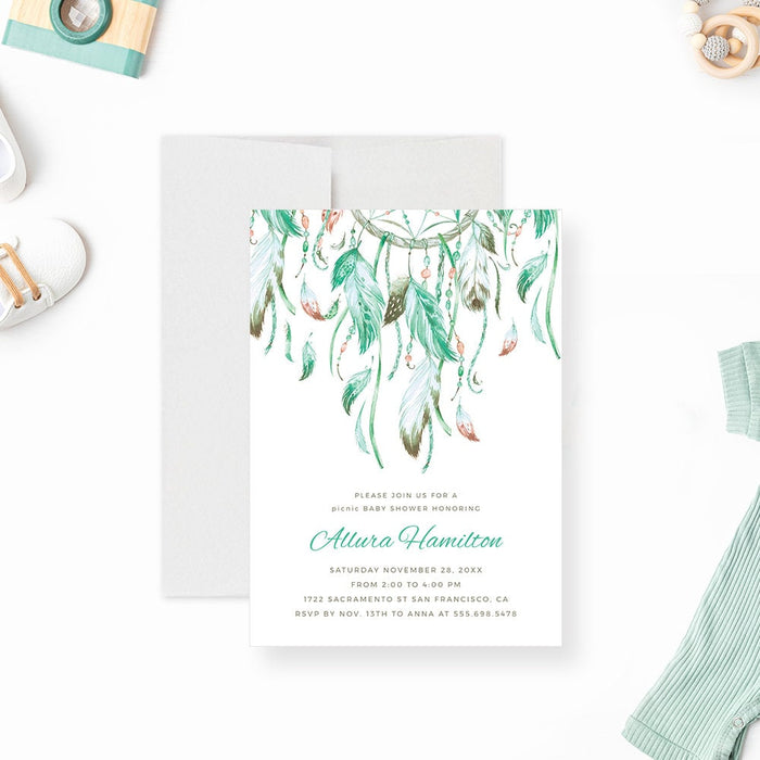 Dream Catcher Baby Shower Invitation Digital Download, Bohemian Baby Shower Template with Feathers, Girls Boho Baby Shower