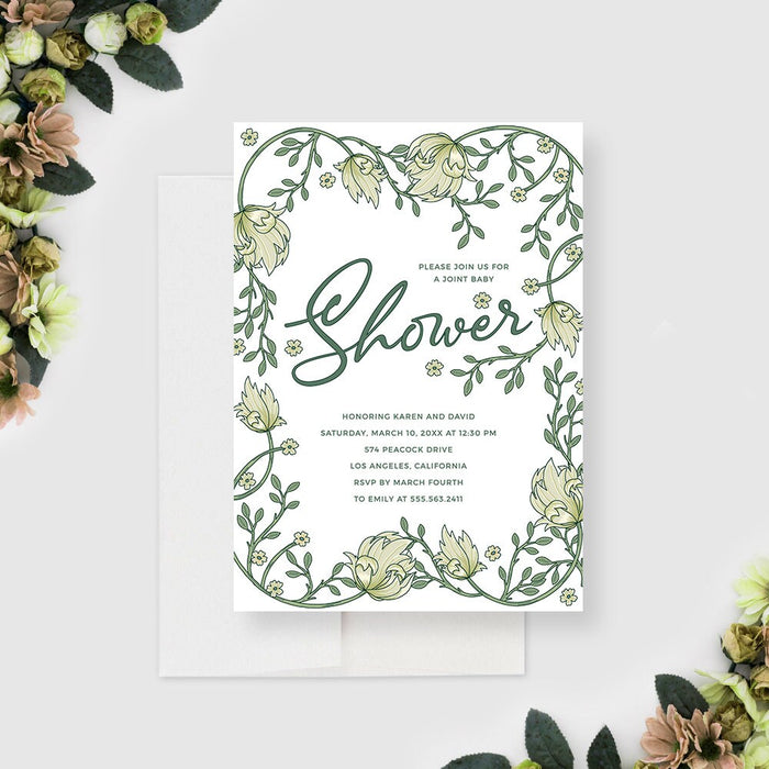 Greenery Joint Baby Shower Invitation Template, Printable Gender Neutral Baby Brunch Invites, Garden Baby Shower