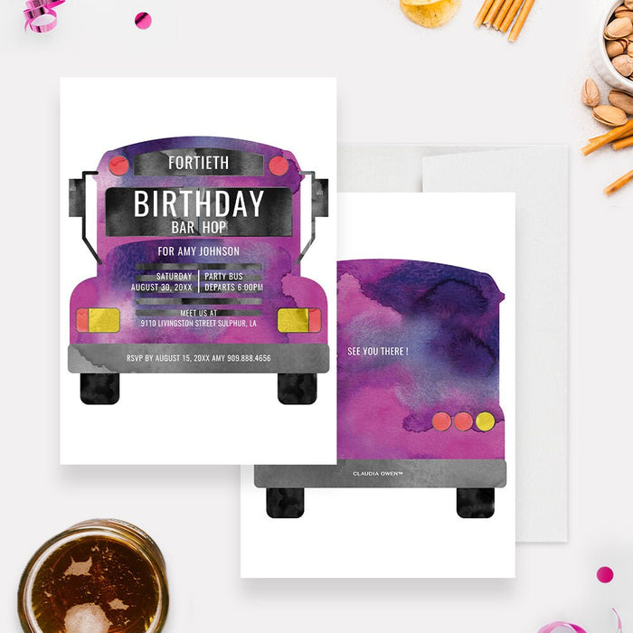 Pink and Purple Party Bus Invitation Editable Template, Adult Birthday Bar Hop Digital Download, Bachelorette Bus Party