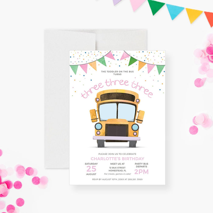 3rd Birthday Party Invitation Template in Pink, School Bus Printable Digital Download, Wheels on the Bus