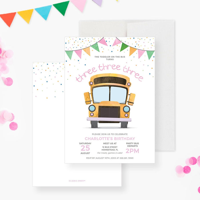 3rd Birthday Party Invitation Template in Pink, School Bus Printable Digital Download, Wheels on the Bus