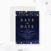 a blue and white save the date card with snowflakes