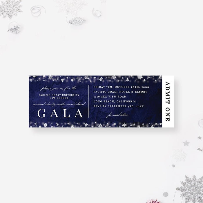 a ticket for gala with snowflakes around it