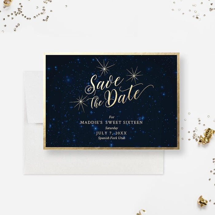 a blue and gold save the date card