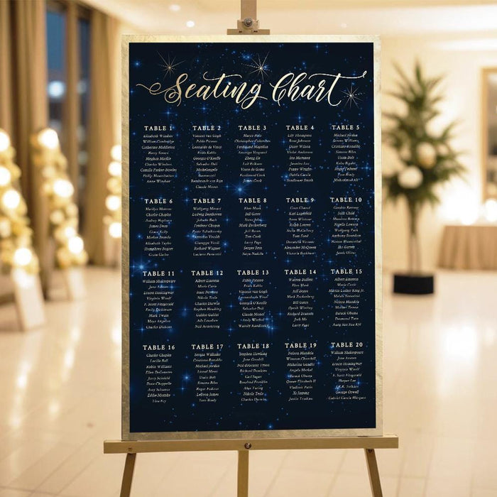 a seating chart on a stand in a room