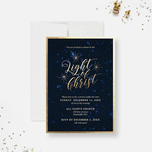 a blue and gold wedding card with a gold foil lettering