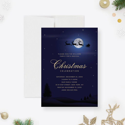 a christmas party card with a santa sleigh in the sky