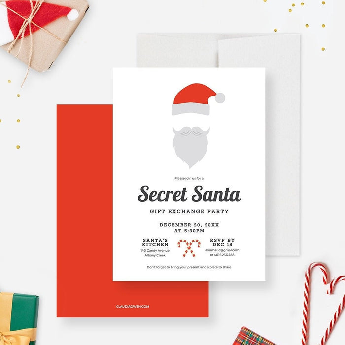 Secret Santa Christmas Party Invitation Template, Holiday Gift Exchange Printable Digital Download, White Elephant Kris Kringle