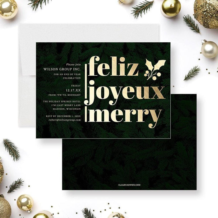 Business Holiday Party Invitation, Feliz Joyeux Merry Christmas Party Invite, Corporate End of Year Invitation, Professional Christmas Party