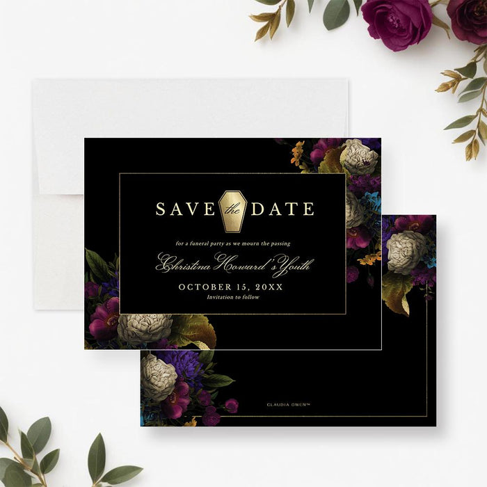 a black and gold save the date card with purple flowers