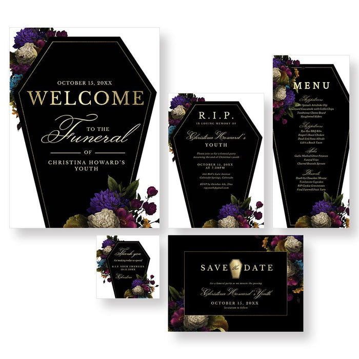 a set of three black and gold wedding stationery