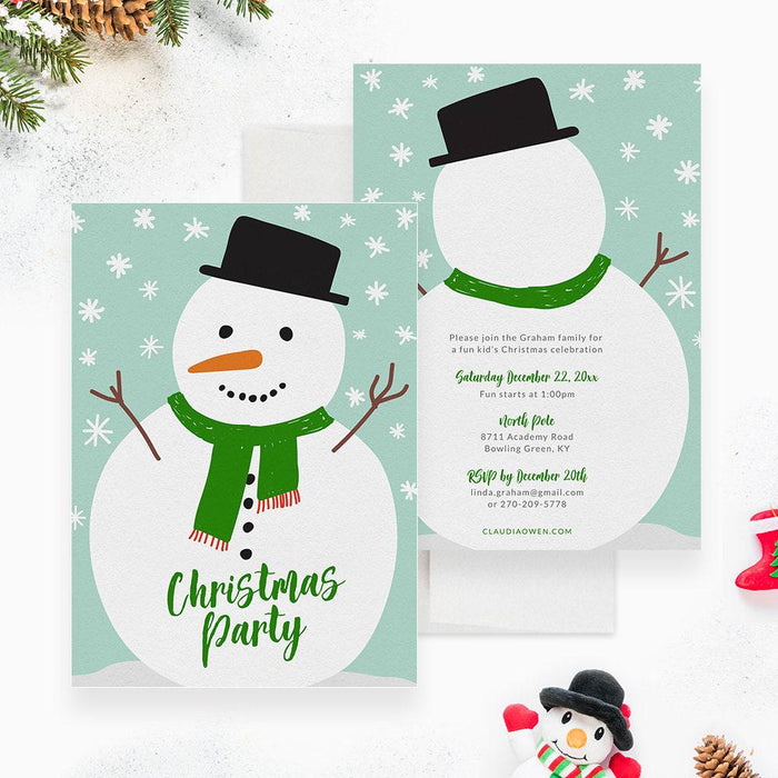 Snowman Christmas Party Invitation Editable Template, Kids Holiday Party Printable Digital Download, Snowman Winter Birthday Party