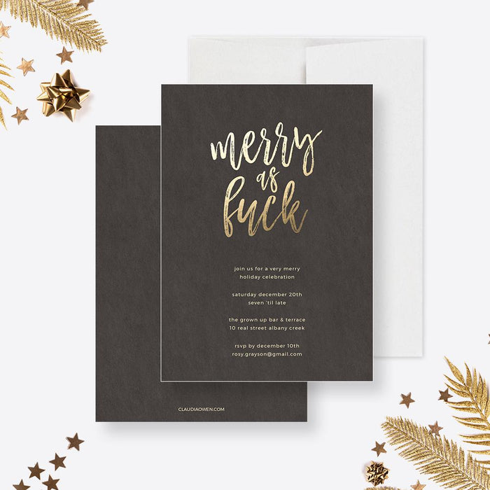 a black and gold christmas card with gold foil lettering