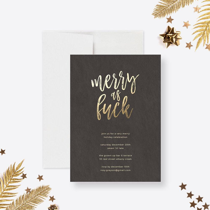 a black and gold christmas card with gold foil lettering