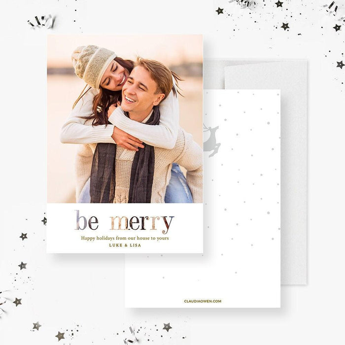 Be Merry Holiday Greeting Card Template, Christmas Card Printable Digital Download, Family Photo Holiday Cards Instant Download