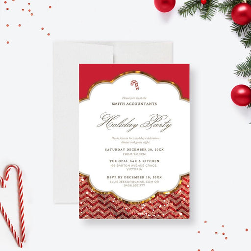 a red and gold holiday party card with a candy cane