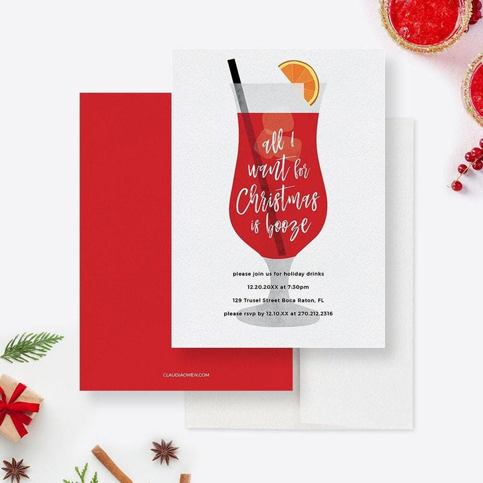 All I Want For Christmas Is Booze Holiday Drinks Party Invitation Template, Funny Christmas Party Printable Digital Download