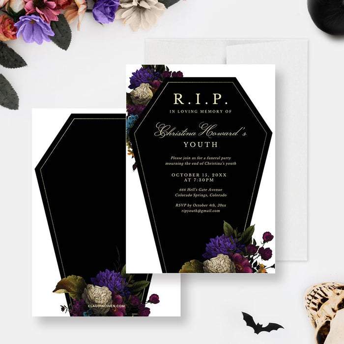 a black and white wedding card with purple flowers