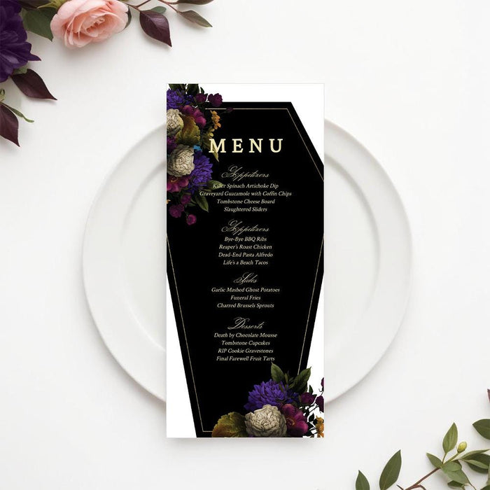 a white plate topped with a menu next to flowers