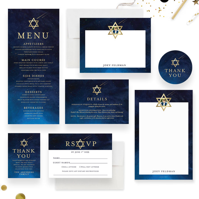 Bar Mitzvah Photo Invitation Card with Blue Starry Night Sky and Shooting Stars, Religious Jewish Birthday Invite with Picture and Star of David