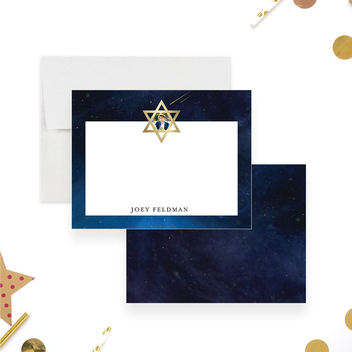 Modern Jewish Note Card with Blue Starry Night Sky and Shooting Stars, Bar Mitzvah Thank You Card with Picture and Star of David, Personalized Jewish Gifts