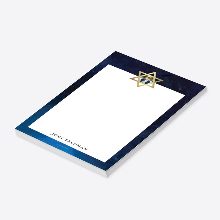 Modern Photo Notepad with Blue Starry Night Sky and Shooting Stars, Bar Mitzvah Party Favor with Picture, Star of David Stationery Writing Paper Pad, Personalized Jewish Gifts