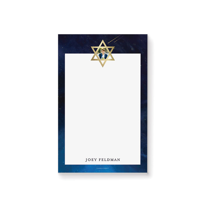 Modern Photo Notepad with Blue Starry Night Sky and Shooting Stars, Bar Mitzvah Party Favor with Picture, Star of David Stationery Writing Paper Pad, Personalized Jewish Gifts