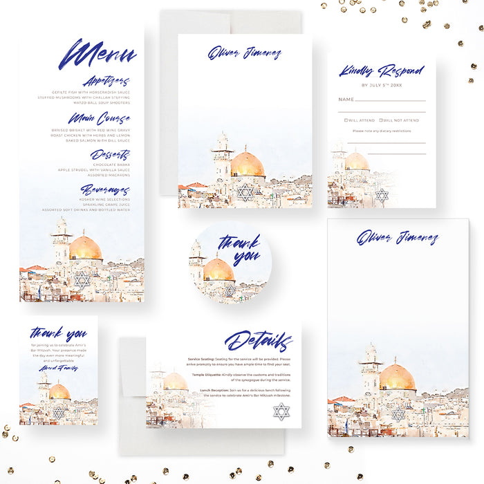 Bar Mitzvah Invitation Card with Watercolor Dome of the Rock Illustration, Personalized Jewish Birthday Invitations, B'nai Mitzvah Invites