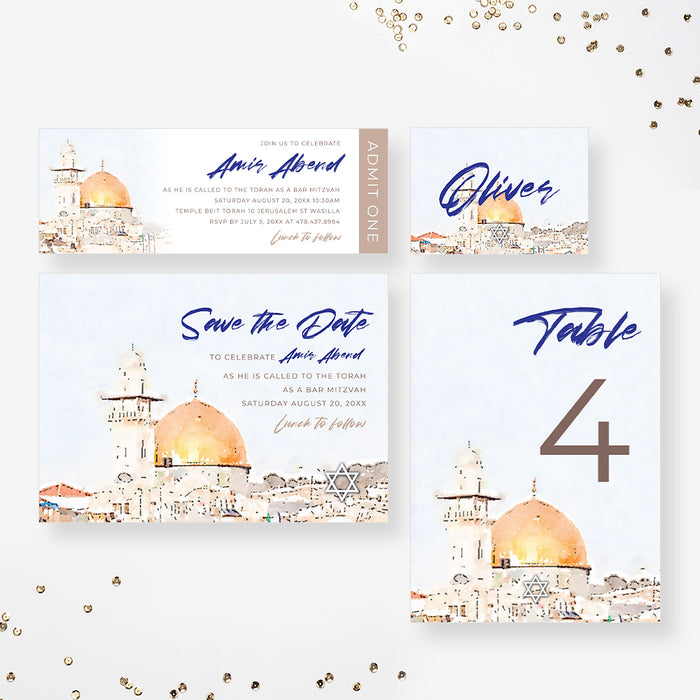 Bar Mitzvah Invitation Card with Watercolor Dome of the Rock Illustration, Personalized Jewish Birthday Invitations, B'nai Mitzvah Invites