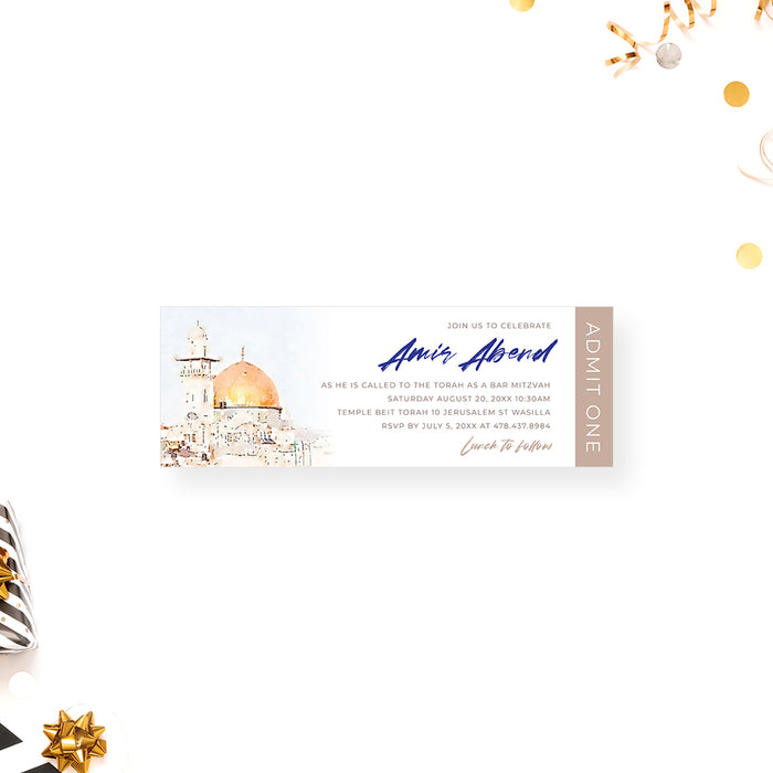 Bar Mitzvah Ticket Invitation with Watercolor Dome of the Rock Illustration and Star of David Design, Personalized Ticket Invites for Jewish Birthday Party, B'nai Mitzvah Tickets