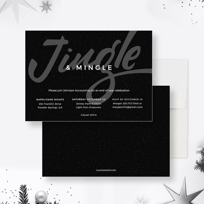 Elegant black Jingle and Mingle holiday party invitation featuring modern typography, subtle snow texture and clean layout for a festive digital event card