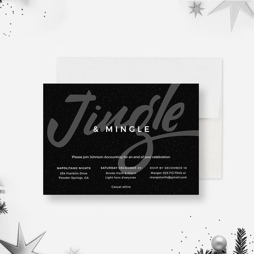 Elegant black Jingle and Mingle holiday party invitation featuring modern typography, subtle snow texture and clean layout for a festive digital event card