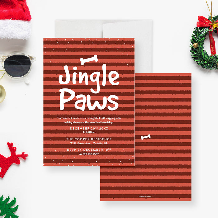 Dog holiday invitation card featuring a red-striped background, snow accents, and a bone design, with the words “Jingle Paws,” perfect for pet lovers.-front-back