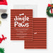 Dog holiday invitation card featuring a red-striped background, snow accents, and a bone design, with the words “Jingle Paws,” perfect for pet lovers.-front-back
