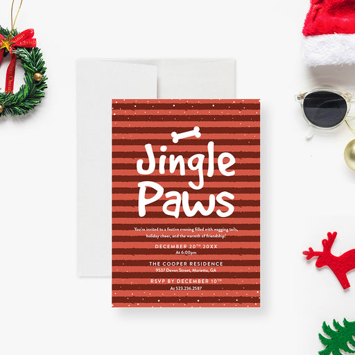 Dog holiday invitation card featuring a red-striped background, snow accents, and a bone design, with the words “Jingle Paws,” perfect for pet lovers.-front