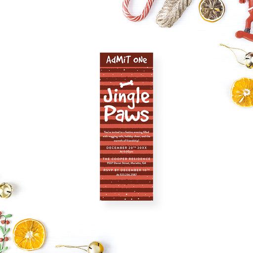 Jingle Paws holiday ticket invitation with red stripes, snow accents, and bone design—perfect for Christmas parties for pet lovers.