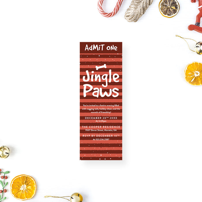 Jingle Paws holiday ticket invitation with red stripes, snow accents, and bone design—perfect for Christmas parties for pet lovers.