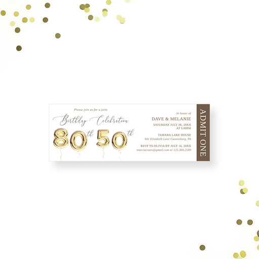 Gold 50th and 80th joint birthday ticket invitation featuring balloon numbers and elegant script typography