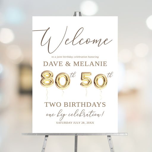 Personalized joint 50th and 80th birthday welcome sign with gold balloon numbers