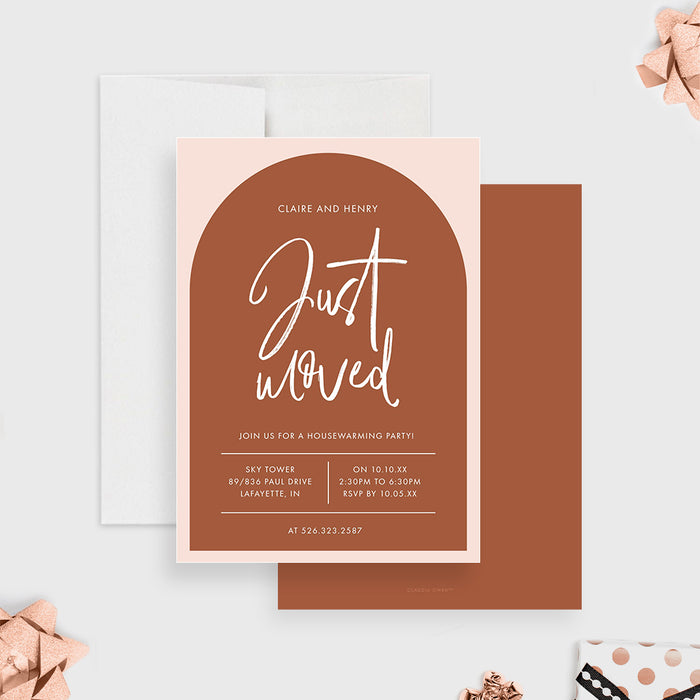 Housewarming Invitation Card with Arch Layout in Rust Orange, Just Moved New House Party Invitations