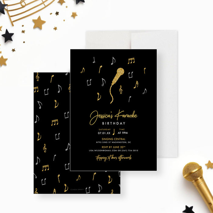 Karaoke birthday party invitation featuring a microphone and music notes, customizable invitation for music-themed celebrations.-front-back